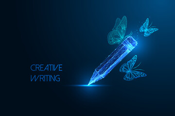 Creative writing, storytelling abstract concept with pencil and butterflies on dark blue background