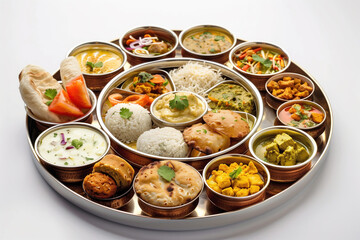 A large plate of Indian food with many different dishes on it