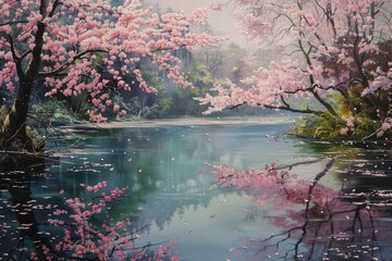 Fototapeta premium a painting of a river with pink flowers Create a tranquil scene with cherry blossom trees reflecting on a still pond