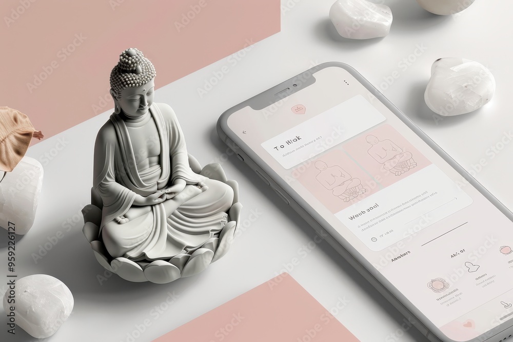 Leinwandbilder a cell phone sitting on top of a table next to a stone create a user-friendly interface for a medita