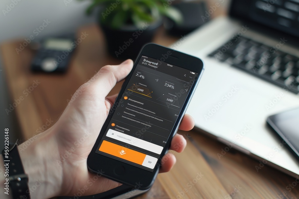 Fototapete a person holding a cell phone in their hand create a user interface for a budgeting and expense trac