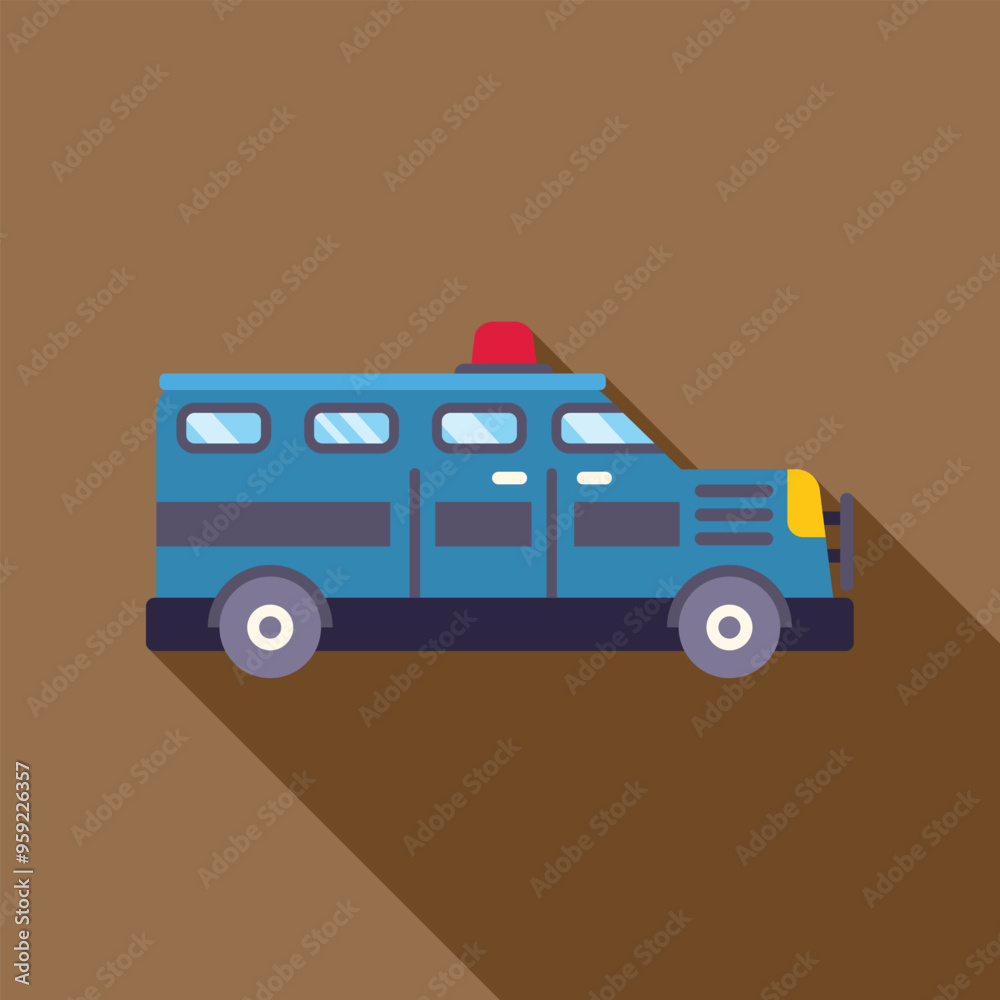 Poster blue police van transporting criminals to jail with siren on top in flat design with long shadow