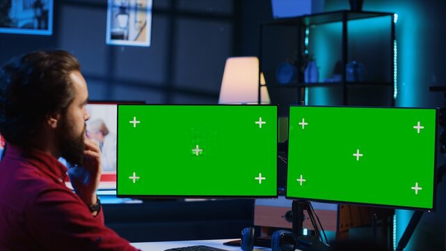 Content specialist uses graphic design skills to make social media post on isolated screen multi monitor setup for advertising company. Photo editor using mockup PC display to create promotional image