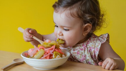 large girl eating salad on a colored background
