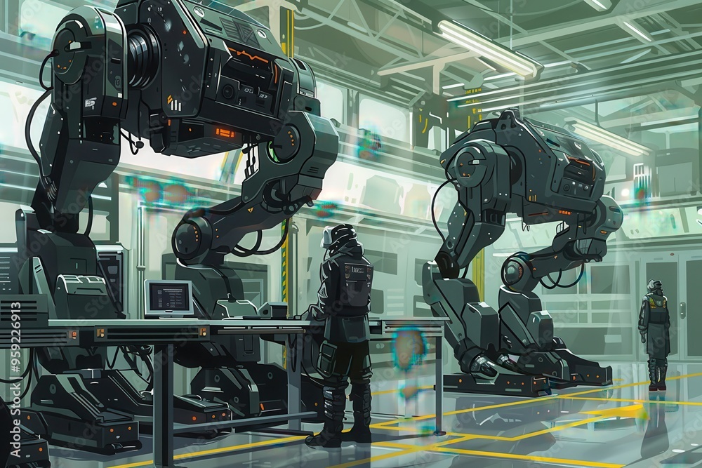 Poster a row of robots lined up in a room encounter a facility where robots and humans work side by side le
