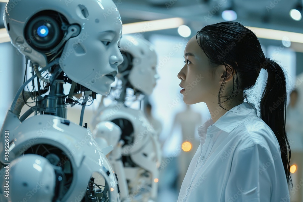 Poster a row of robots lined up in a room encounter a facility where robots and humans work side by side le