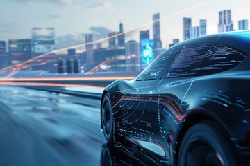 Obraz premium Futuristic car in motion with digital overlays, showcasing speed and technology against a city backdrop.