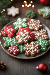 Festive holiday gingerbread cookies with colorful icing on a plate