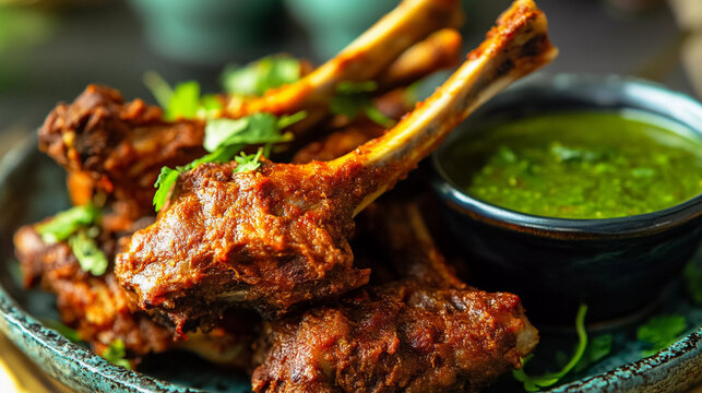 Lamb chops served with mint chutney, mutton chops