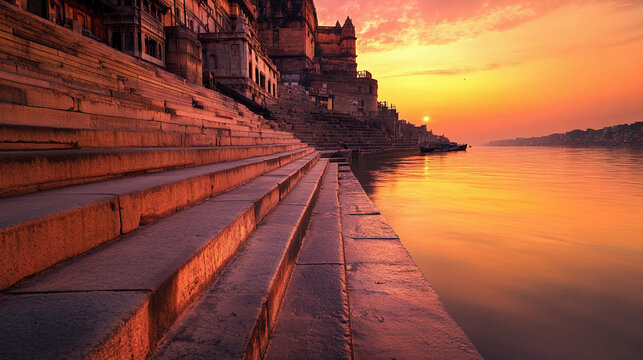 varanasi ghat sunrise view without people 