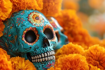 Two intricately designed skulls are surrounded by bright marigold flowers, symbolizing the Day of the Dead festivities. This vibrant display honors the departed with festive colors