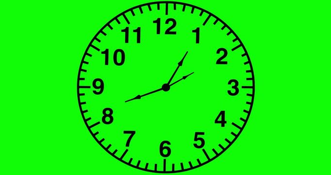 Seamless looping animation with a large black wall clock on the green screen, 4k arrows spinning clockwise time-lapse 12 hours on chroma key Transparent background