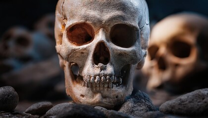 Obraz premium Creepy Human Skull Surrounded by Rocks
