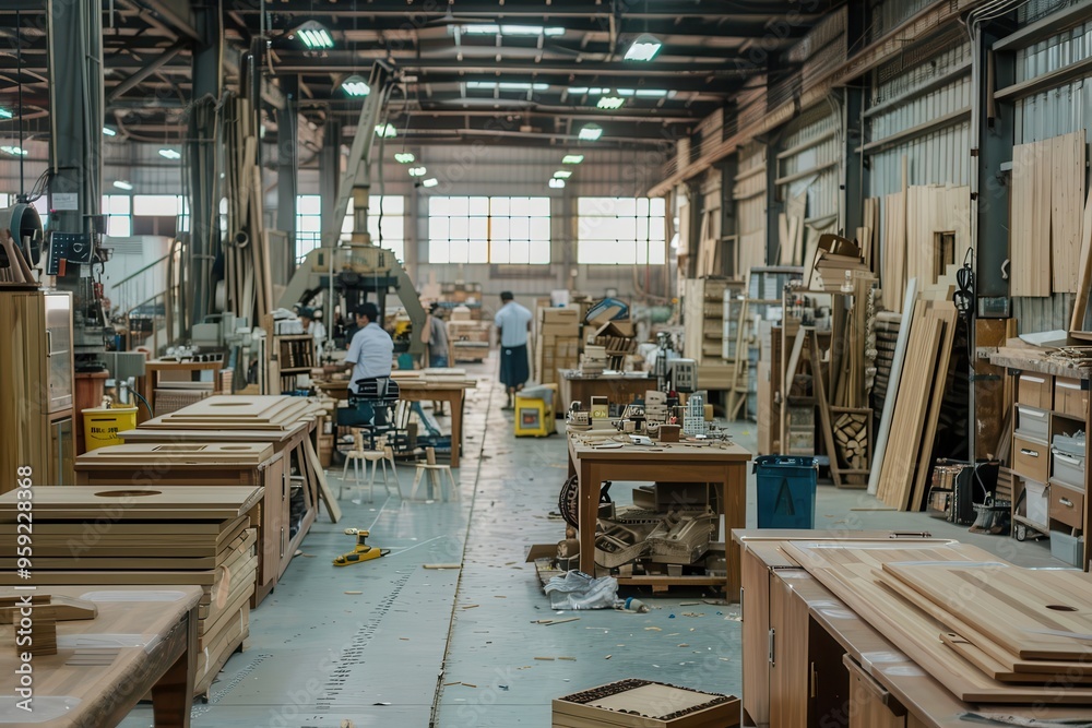Poster a factory with many machines and people working Picture a factory floor filled with skilled artisans blending traditional craftsmanship with cutting-edge technology