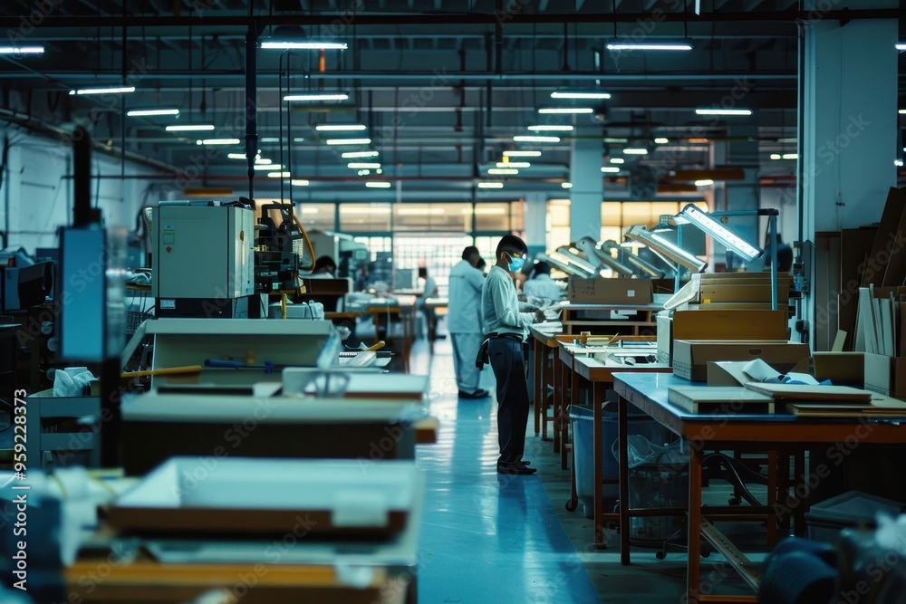 Poster a factory with many machines and people working Picture a factory floor filled with skilled artisans blending traditional craftsmanship with cutting-edge technology