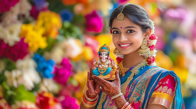 Beautiful female devotee holding ganesh statue in hand