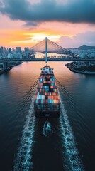 Naklejka premium A large container ship moves under a bridge during sunset, showcasing a vibrant sky and city skyline in the background