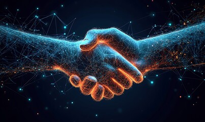 Digital Handshake of Interconnected Blue and Orange Lines and Dots