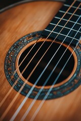 Obraz premium Acoustic Guitar Closeup Sound Hole Strings Wooden Body Music Instrument