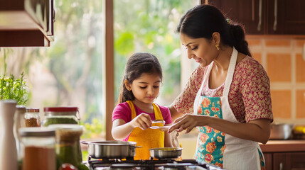 Indian mother and daughter cooking together