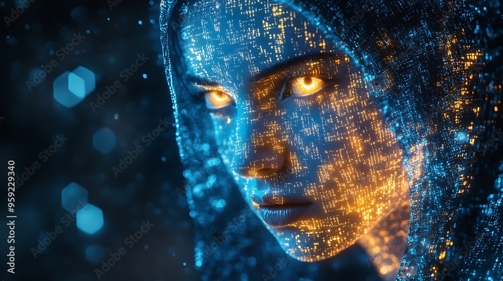 Wall mural a blue digital hacker with glowing binary code, ai in cybersecurity systems, threat detection algori