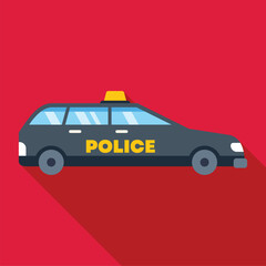 Black and yellow police car parked on red background, side view