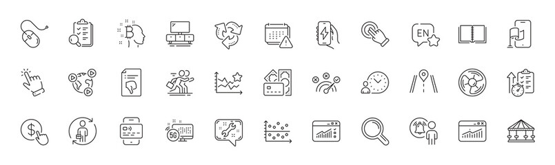Inspect, Road and English line icons. Pack of Charging app, Video conference, Cursor icon. Carousels, Money, Buy currency pictogram. Spanner, Book, Air fan. Web traffic. Line icons. Vector