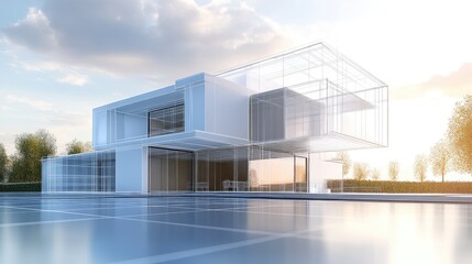 Fototapeta premium Modern architectural exterior design featuring an abstract blueprint or wire frame style