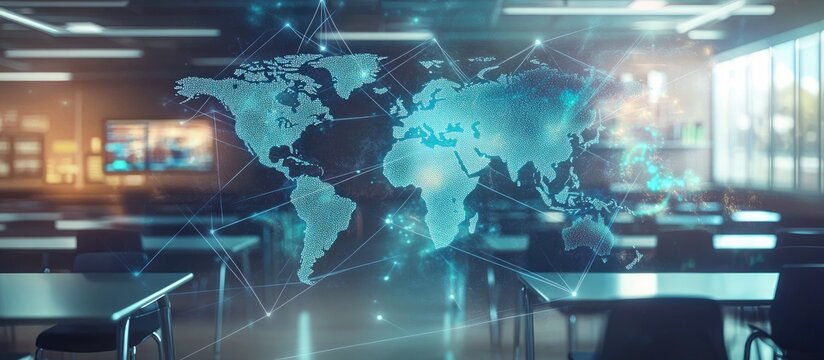 Abstract digital world map hologram with interconnected lines set against a contemporary classroom backdrop symbolizing globalization Multi exposure effect