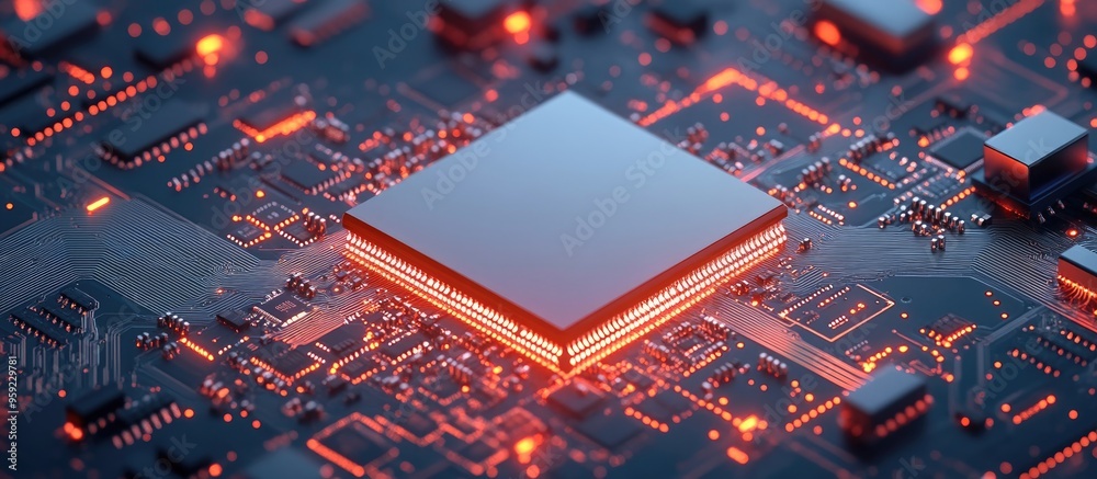 Poster ai technology concept featuring an integrated circuit chip on a printed circuit board highlighting t