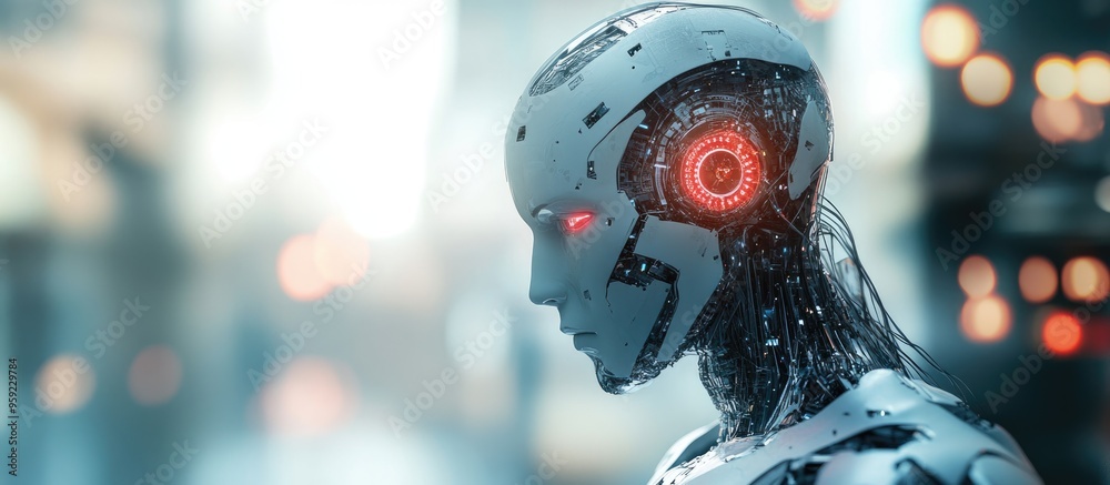Poster cyborg in a blurred setting generating 3d renderings of artificial intelligence