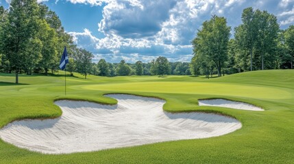 A golf course with a green and sand traps, AI