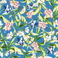 Seamless floral pattern with pink, blue, and white flowers and green leaves on a blue background. Vector floral print