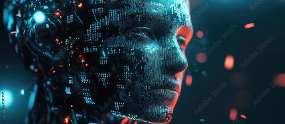 Poster illustration representing artificial intelligence and machine learning digital code displayed alongs