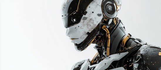 Fototapeta premium Futuristic robot with a dirt texture and gold accents set against a white backdrop
