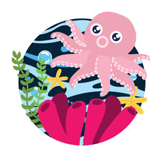 Cute octopus with sea creatures in ocean scene Vector