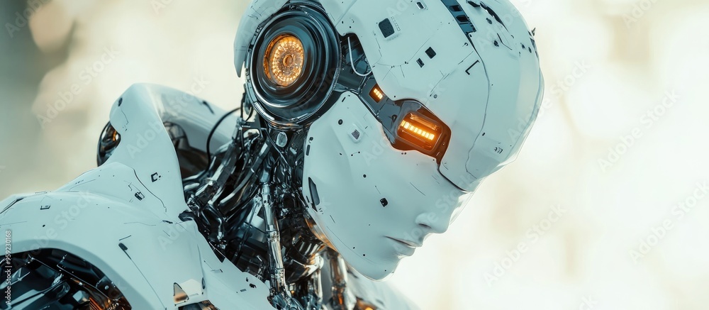 Poster white cyborg integrating devices against a soft focus backdrop 3d render