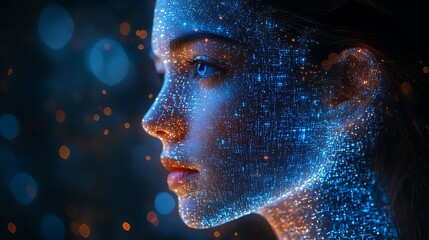 A blue digital hacker with glowing binary code, AI in cybersecurity systems, threat detection algorithms, penetration testing tools, and digital forensics analysis. cybercrime, cyber attack design,
