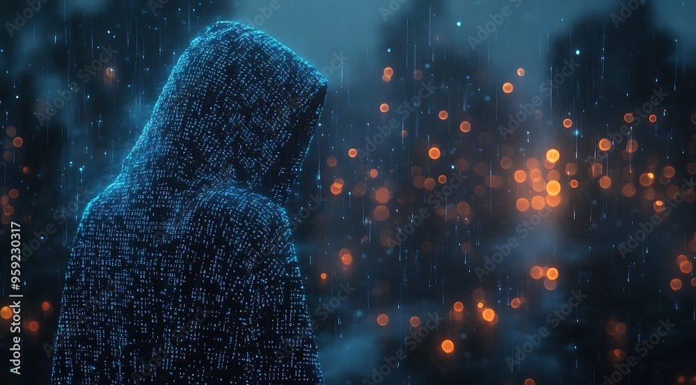 Wall mural a blue digital hacker with glowing binary code, ai in cybersecurity systems, threat detection algori