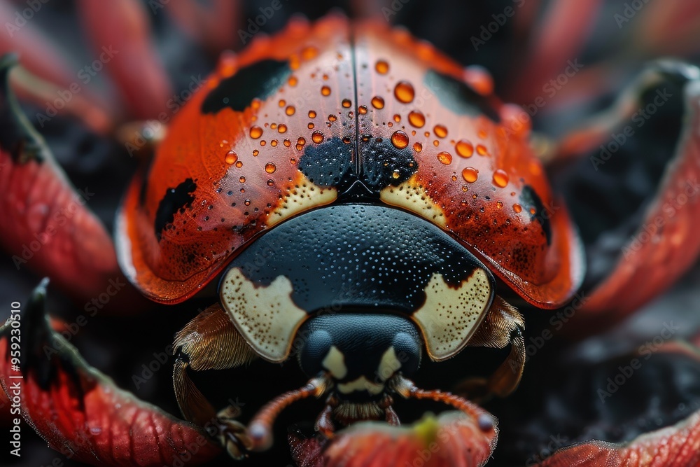 Leinwandbilder a close up of a colorful bug with water droplets intricate details of a ladybug's shell