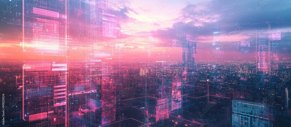 Poster multi exposure of an abstract software development hologram overlaying a skyline representing resear