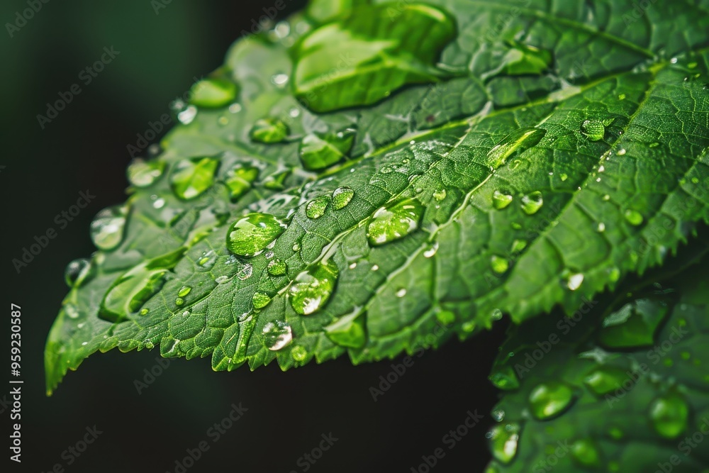 Poster a close up of a leaf with water droplets intricate details of a raindrop clinging to a leaf