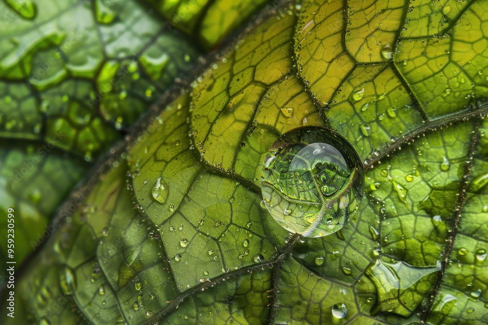 Poster a close up of a leaf with water droplets intricate details of a raindrop clinging to a leaf