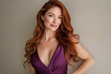 Fototapeta premium Glamorous Redhead Woman in a Purple Dress with a Confident Smile. Generative AI.