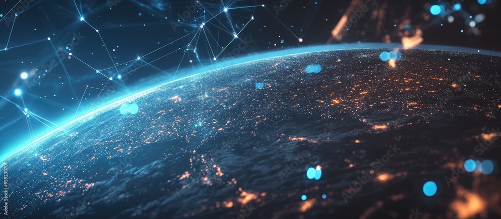 Poster 3d visualization of connected systems featuring 5g and blockchain technology set against a graphic r