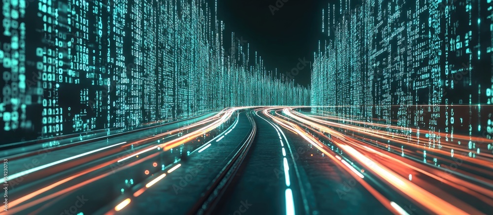 Aufkleber abstract 3d rendering of a highway path surrounded by digital binary structures represents concepts 