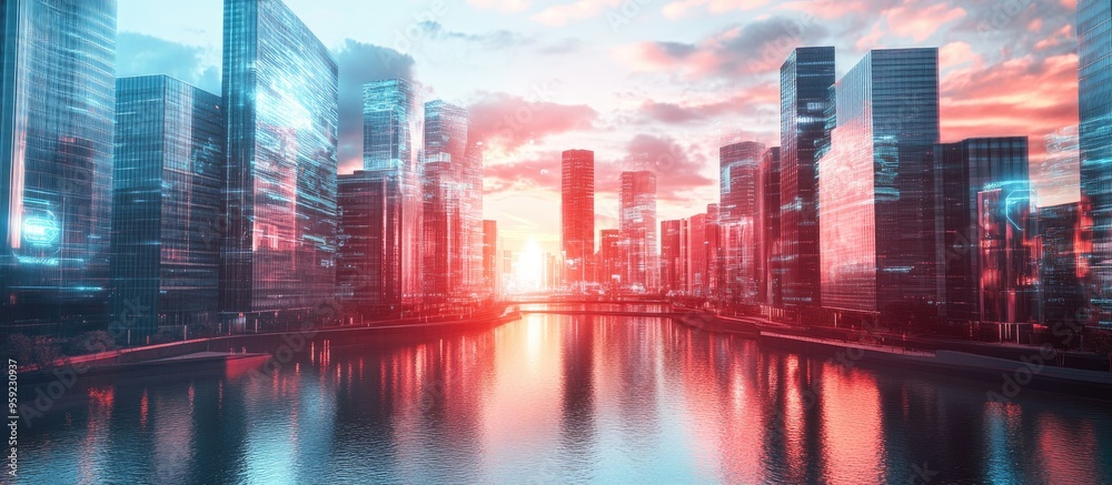 Poster city skyline view across a river during the day featuring modern architecture and a holographic repr