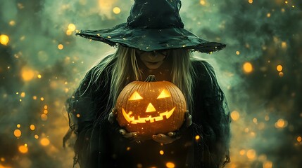 halloween pumpkin and witch