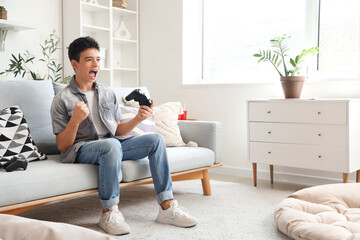 Happy teenage boy on sofa playing video game at home © Pixel-Shot