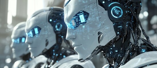 Fototapeta premium Collection of male robot heads interacting with digital holographic screen interfaces in a 3D rendered environment